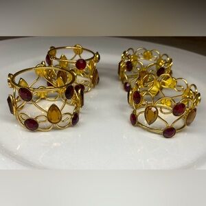 Set Of 4 VTG Pier 1 Jeweled Napkin Rings Red & Amber Rhinestone Filigree Metal